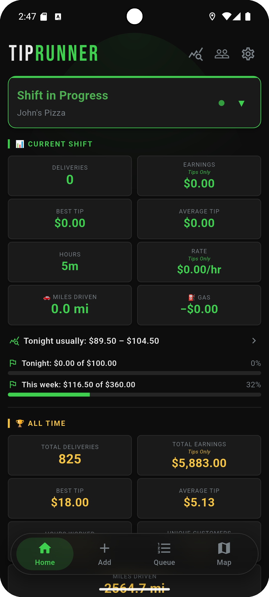 TipRunner: home screen during a shift